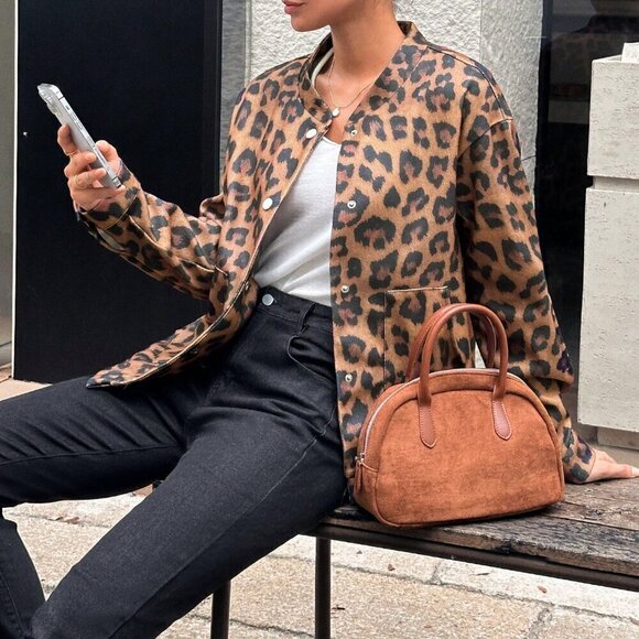 Multicolor Casual Women's Animal Leopard Print Wool Blend Jacket - Picture 5 of 6